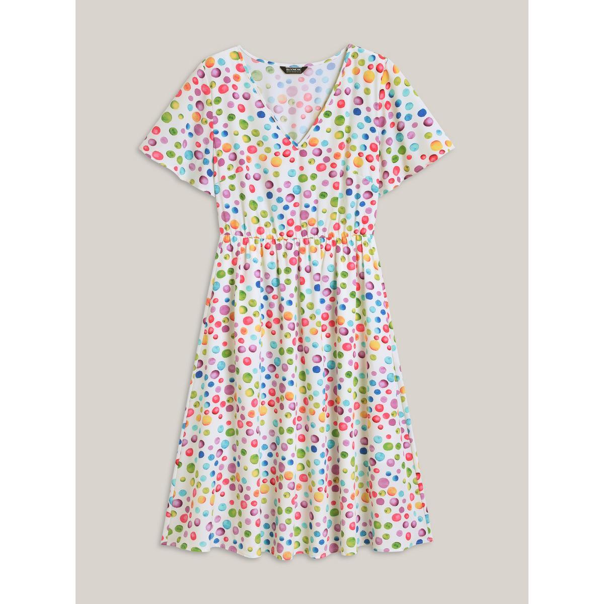 Plus Size Polka Dots Print Pockets V-Neck Midi Dress Originalwhite Women V-neck Short sleeve Curvy BloomChic 12/L Product Image