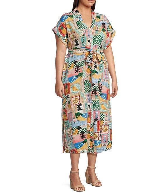 Skies Are Blue Plus Postcard Print Short Sleeve Midi Dress Product Image