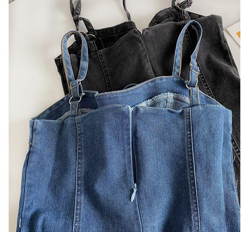 Spaghetti Strap Plain Lace-Up Denim Mini A-Line Dress Product Image