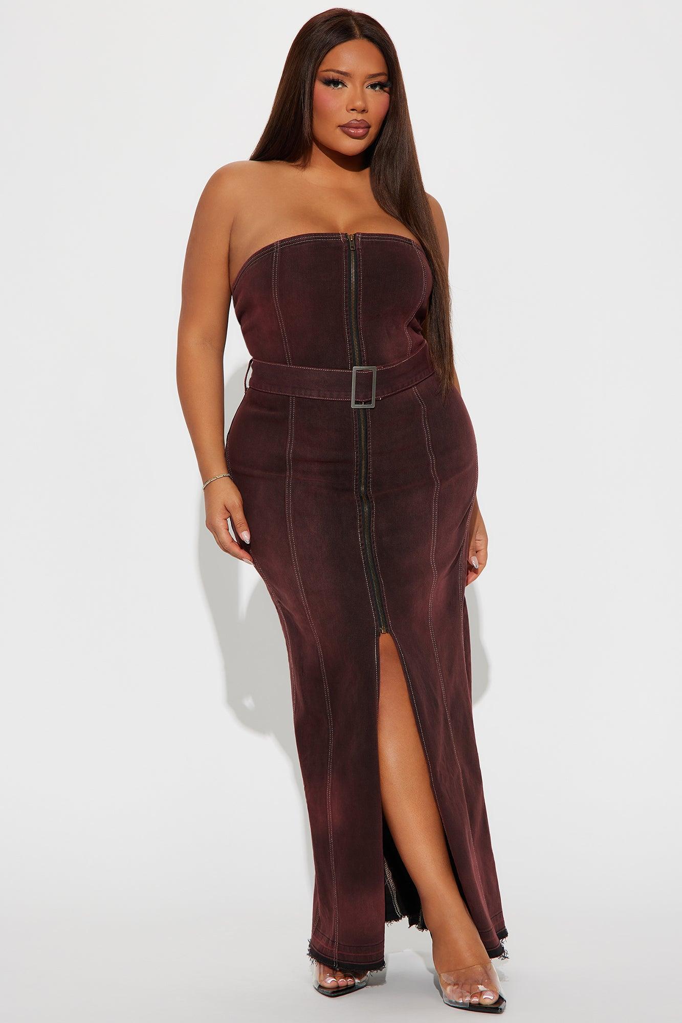 Mila Denim Maxi Dress - Burgundy Product Image