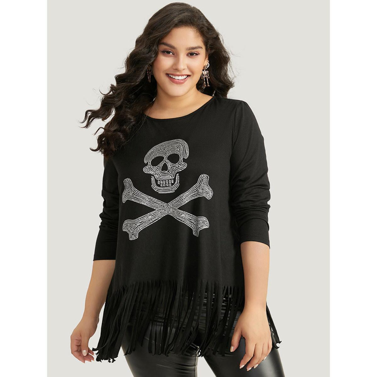 Plus Size Halloween Skull Rhinestone Fringe Trim T-shirt Black Women Casual Tassels Halloween Festival-Halloween T-shirts BloomChic 18-20/2X Product Image