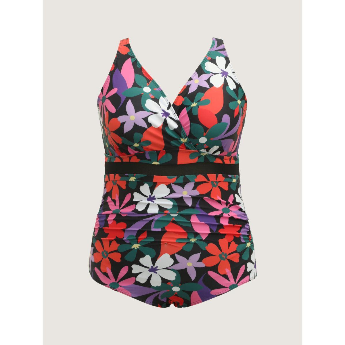 Plus Size Bright Florals Pleated One-Piece Swimsuit Women's Swimwear Multicolor Beach Gathered Curve Bathing Suits High stretch One Pieces BloomChic 28/5X Product Image