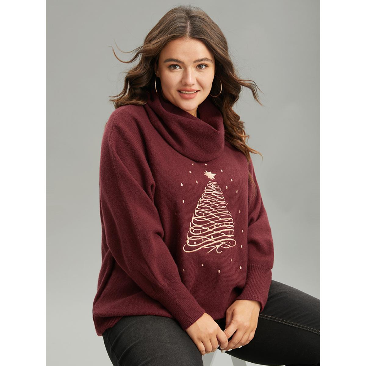 Plus Size Anti-Pilling Christmas Embroidered Turtle Neck Pullover Burgundy Women Casual Loose Long Sleeve Turtleneck Festival-Christmas Pullovers BloomChic 28/5X Product Image