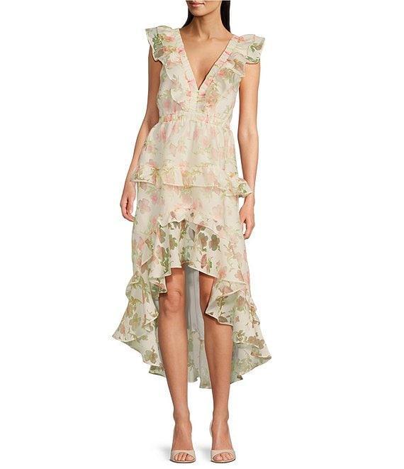 Layered With Love Isabella Burnout Floral Jacquard V-Neck Sleeveless Ruffle Hi-Low Hem A-Line Midi Dress Product Image