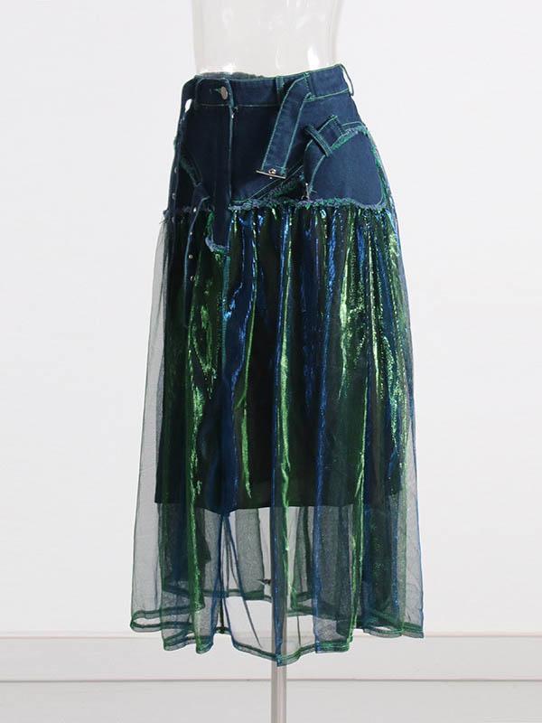 A-Line High Waisted Belted Shiny Skirts Bottoms Product Image