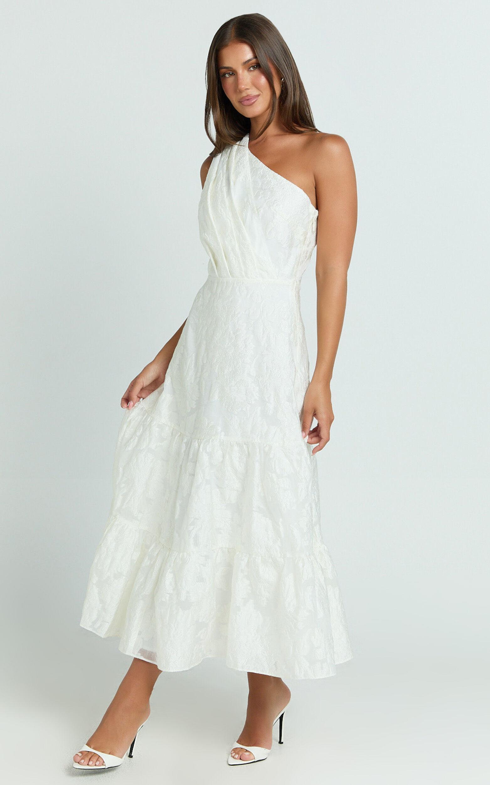 Nadette Midi Dress - One Shoulder Pleated Tiered Dress in White Product Image