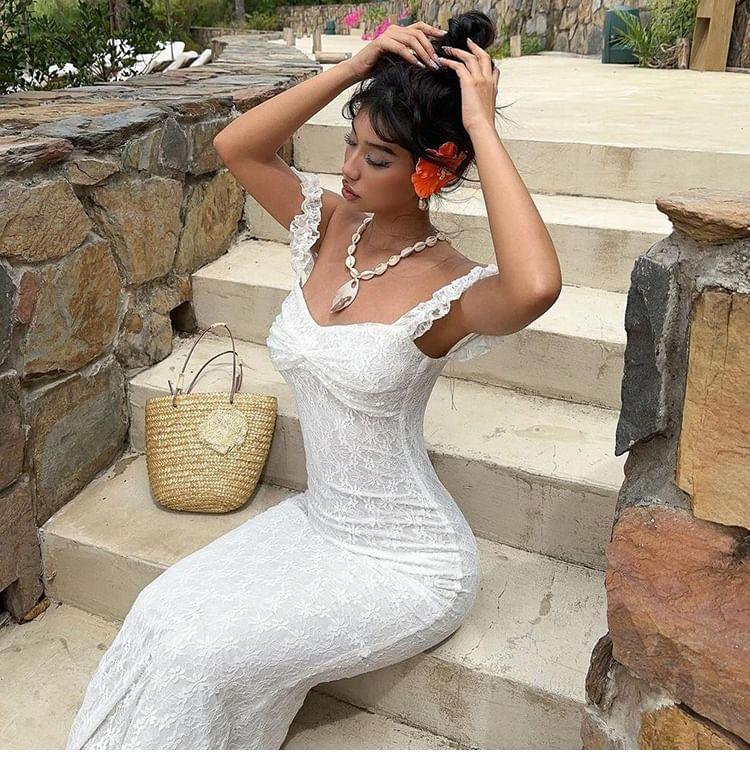 Off-Shoulder Floral Lace Maxi Sundress Product Image