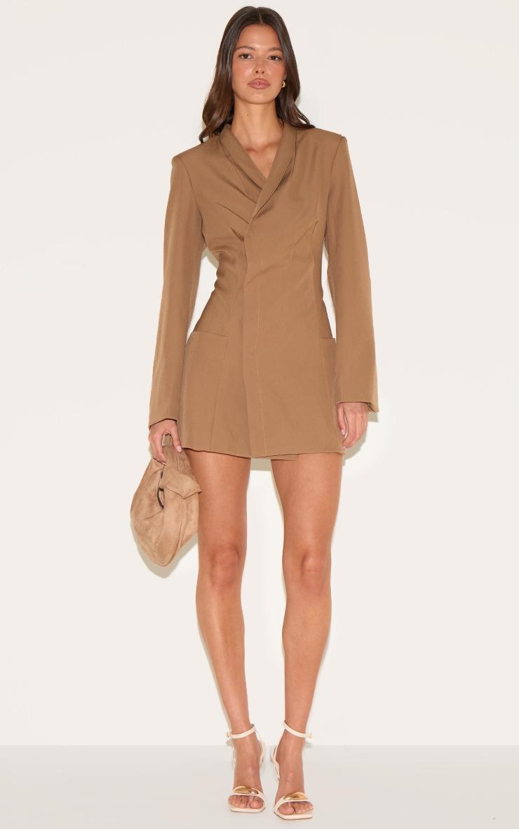 Mushroom Woven Collarless Blazer Dress Product Image