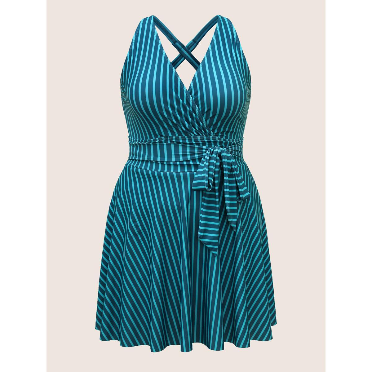 Plus Size Overlap Collar Striped Tie Knot Swim Dress Women's Swimwear Cyan Beach Bodycon Overlap Collar High stretch Curve Swim Dresses BloomChic 14-16/1X Product Image