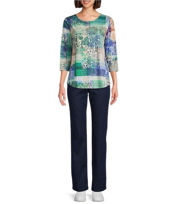 Allison Daley Embellished Deep Forest Flowering Plaid Print 3/4 Sleeve Crew Neck Knit Top Product Image