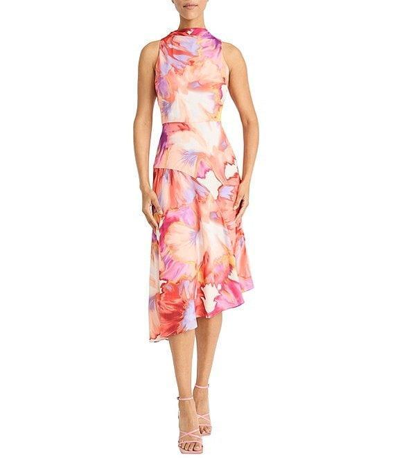 Maggy London Georgette Watercolor Print Mock Neck Sleeveless Asymmetrical Hem Sheath Midi Dress Product Image