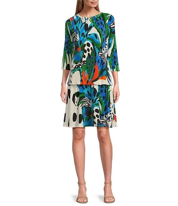 Eva Varro Tropical Inspired Print Boat Neck 3/4 Sleeve Blouson Drop Waist Dress Product Image