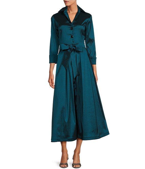 Marina 3/4 Sleeve Point Collar Neck Tie Waist Taffeta Midi A-Line Dress Product Image