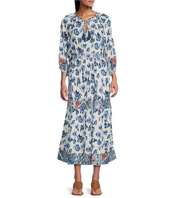 John Mark Mixed Print Y-Neck 3/4 Sleeve Tiered Midi Dress Product Image