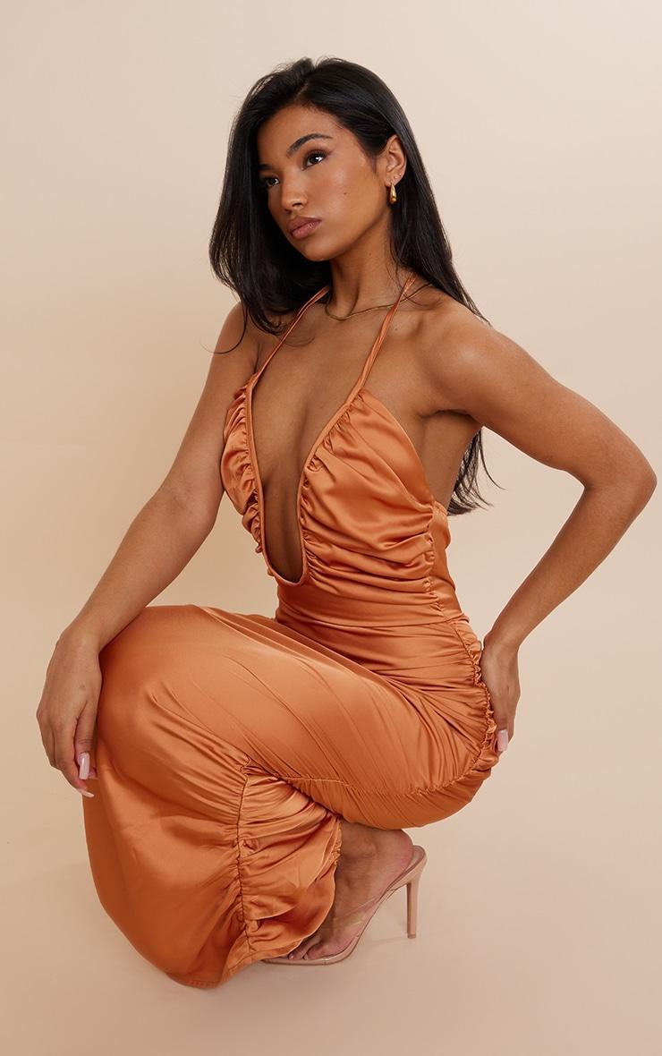  Burnt Orange Satin Plunge Ruched Midaxi Dress Product Image