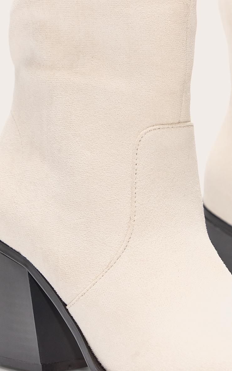Cream Faux Suede Square Toe High Block Heel Knee High Boots Product Image