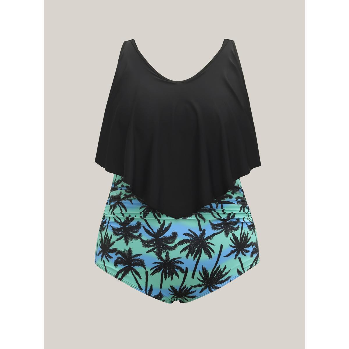Plus Size Plain Tropical Pattern Layered One-Piece Swimsuit Women's Swimwear Black Beach Tiered Curve Bathing Suits High stretch One Pieces BloomChic 14-16/1X Product Image