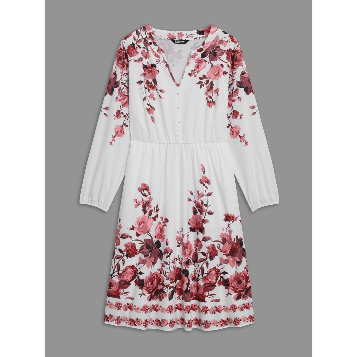 Plus Size Boho Print Lantern Sleeve Button Detail Dress Rosered Women Resort Button Flat collar with V-notch Long Sleeve Curvy BloomChic 22-24/3X Product Image