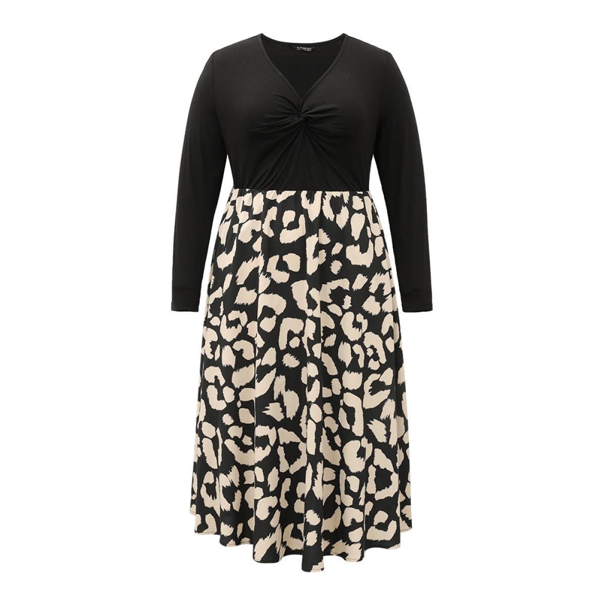 Plus Size Leopard Patchwork Pocket Twist Front Dress Black Women At the Office Printed V-neck Long Sleeve Curvy Midi Dress BloomChic 10/M Product Image