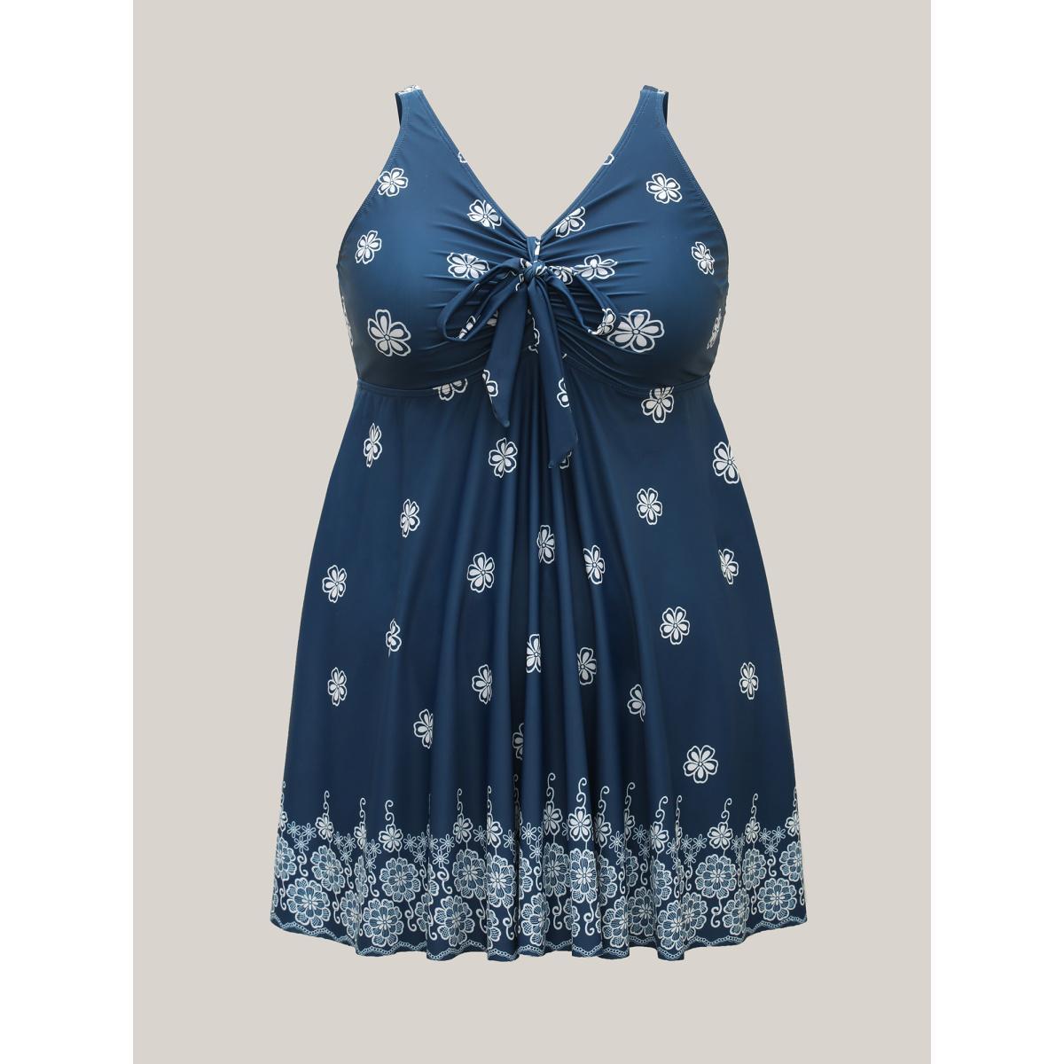 Plus Size Floral Fun Knotted Bodice Swim Dress Women's Swimwear Indigo Beach Bodycon V-neck High stretch Curve Swim Dresses BloomChic 22-24/3X Product Image