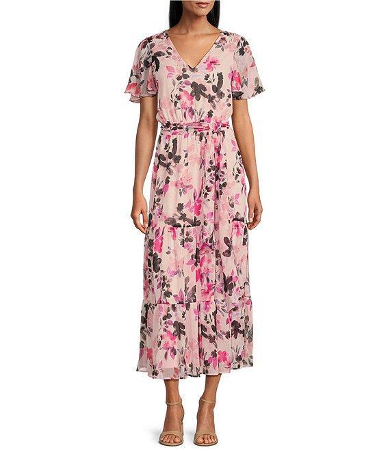 Kasper Floral Chiffon V-Neck Flutter Short Sleeve Smocked Maxi Dress Product Image