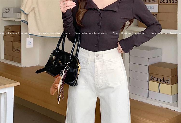 High Waist Plain Washed Wide Leg Jeans Product Image