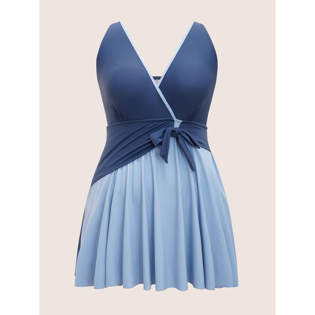 Plus Size Contrast V Neck Tie Knot Swim Dress Women's Swimwear Indigo Beach Bodycon V-neck High stretch Curve Swim Dresses BloomChic 18-20/2X Product Image