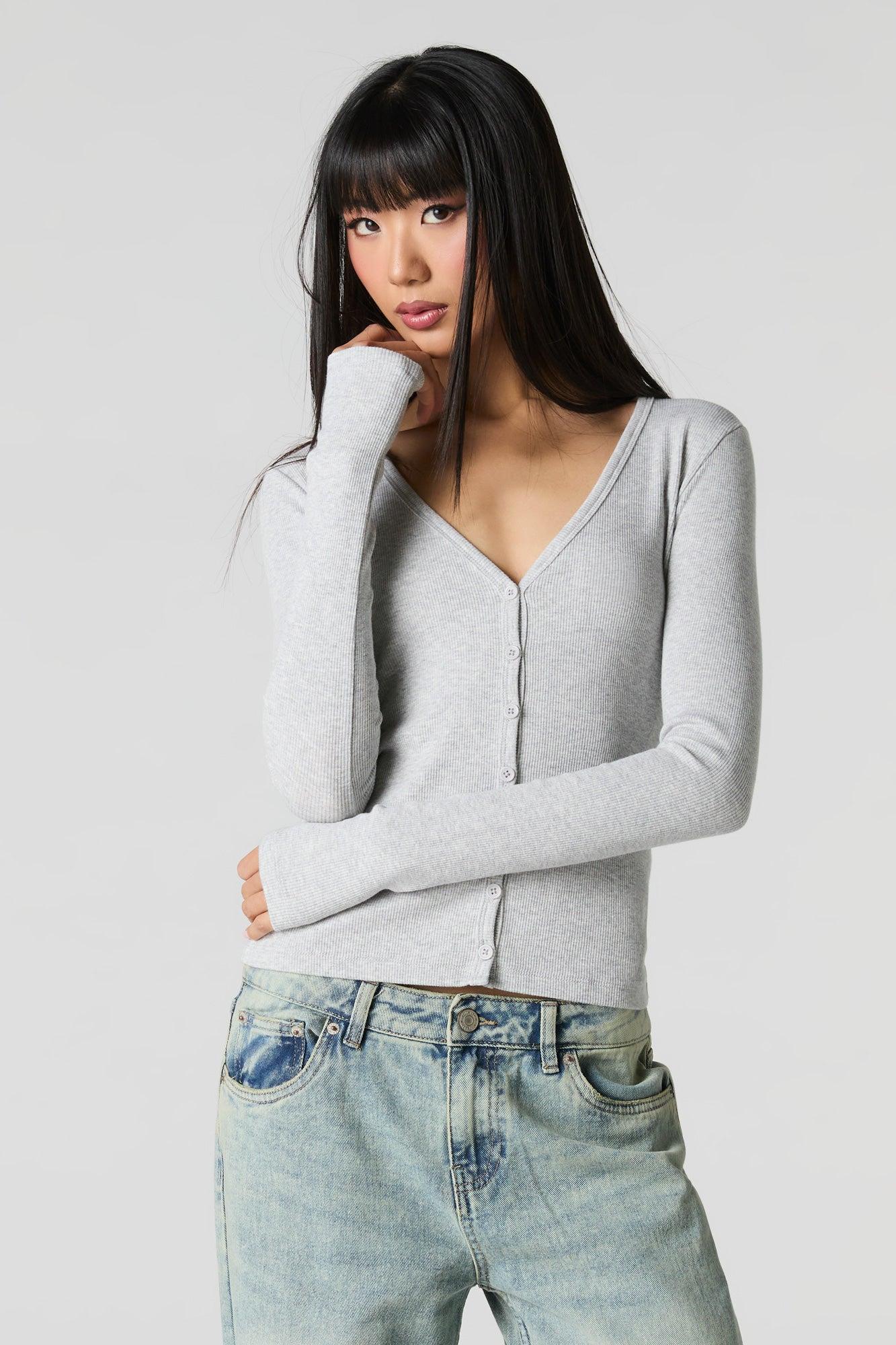 Ribbed V-Neck Button-Up Top Female Product Image