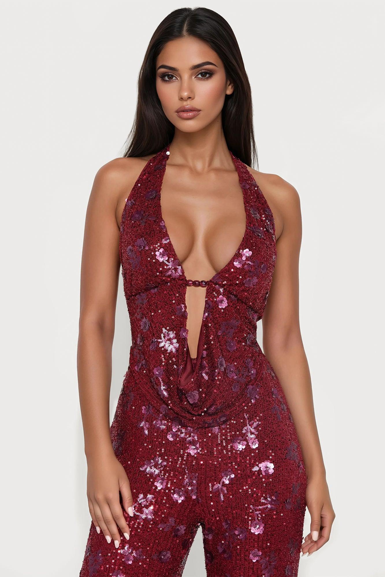 Natalia Sequin Halter Jumpsuit - Burgundy Product Image