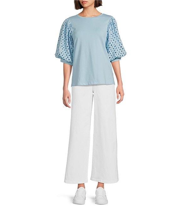 Gibson & Latimer Knit Contrast Eyelet Crew Neck Short 3/4 Balloon Sleeve Top Product Image
