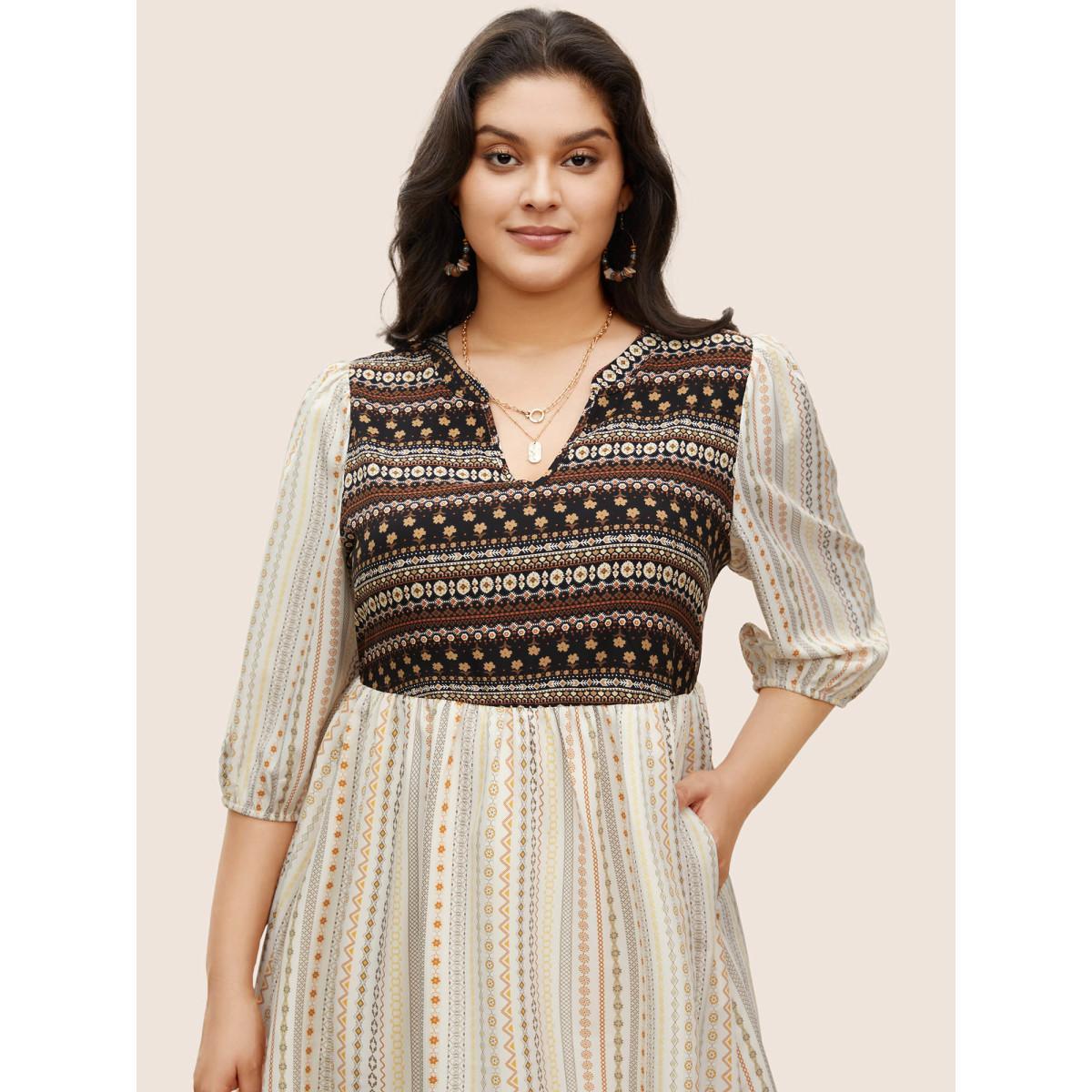 Plus Size Bandana Striped Patchwork Notched Lantern Sleeve Dress Beige Women Resort Patchwork Flat collar with V-notch Elbow-length sleeve Curvy Midi Dress BloomChic 14-16/1X Product Image