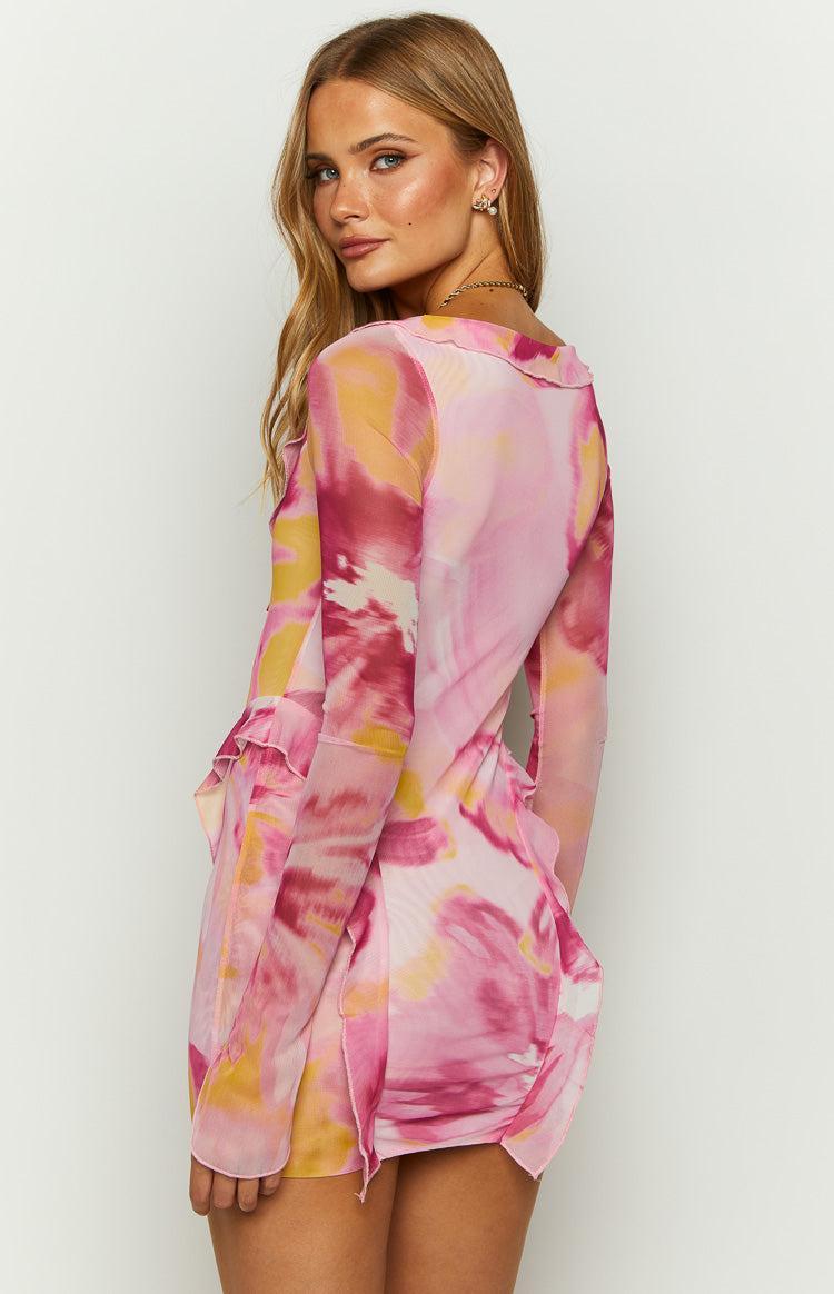 Surround Sound Pink Floral Mesh Long Sleeve Mini Dress Product Image