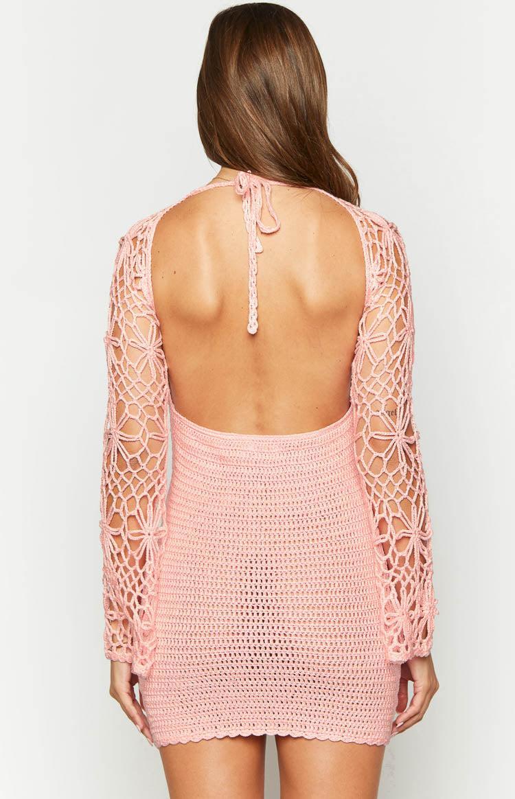 Spina Pink Crochet Long Sleeve Mini Dress Product Image