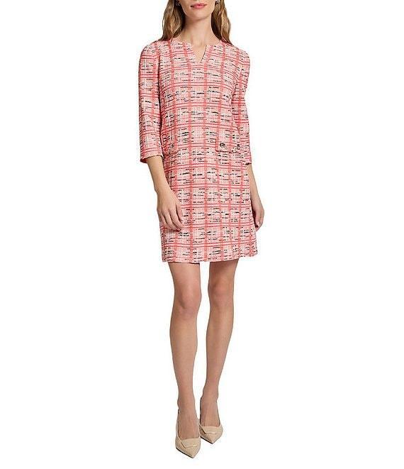Ming Wang Multi Plaid Split V-Neck 3/4 Sleeve Sheath Dress Product Image