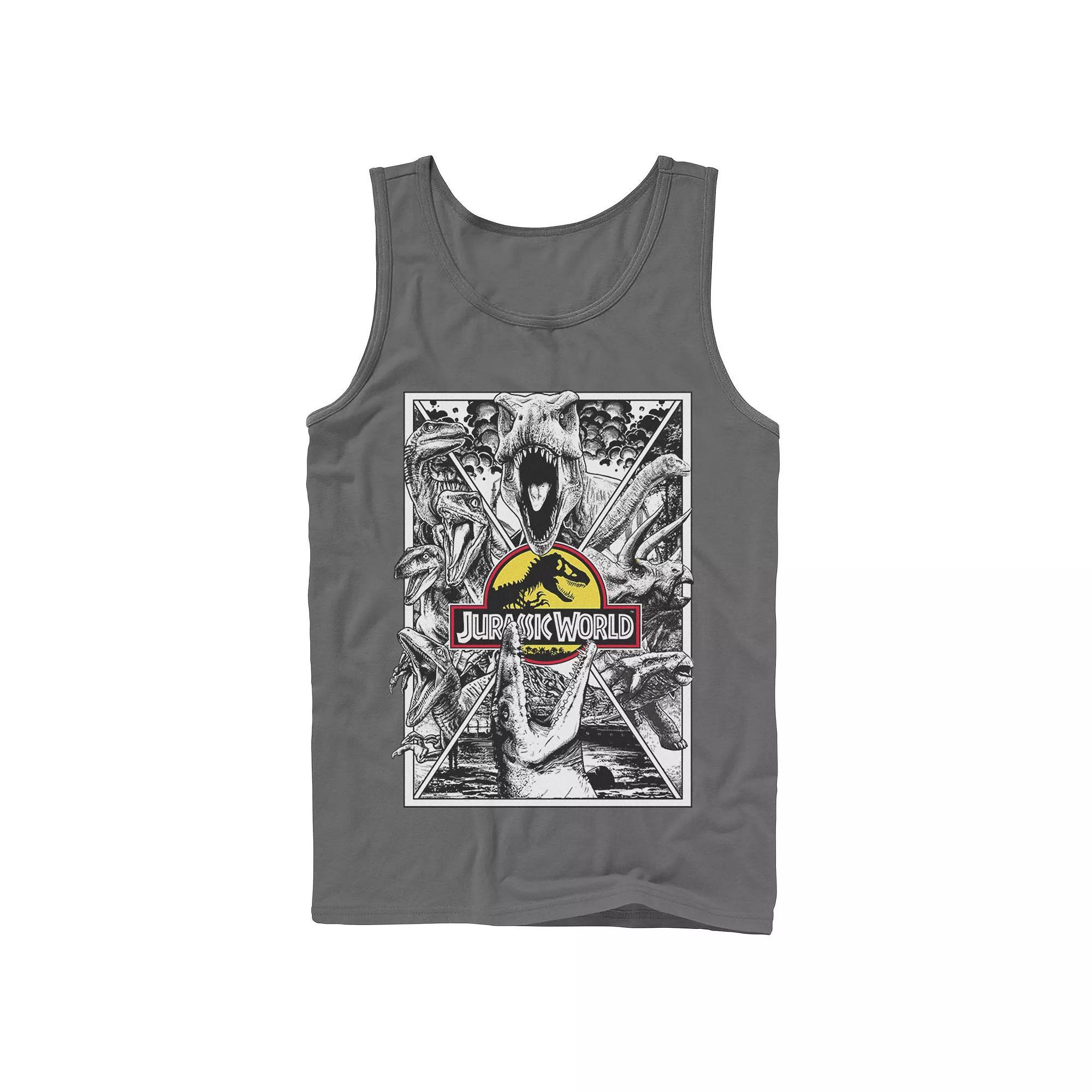 Men's Jurassic World Black and White Comic Dinos Graphic Tank Top, Size: XL, Grey Product Image