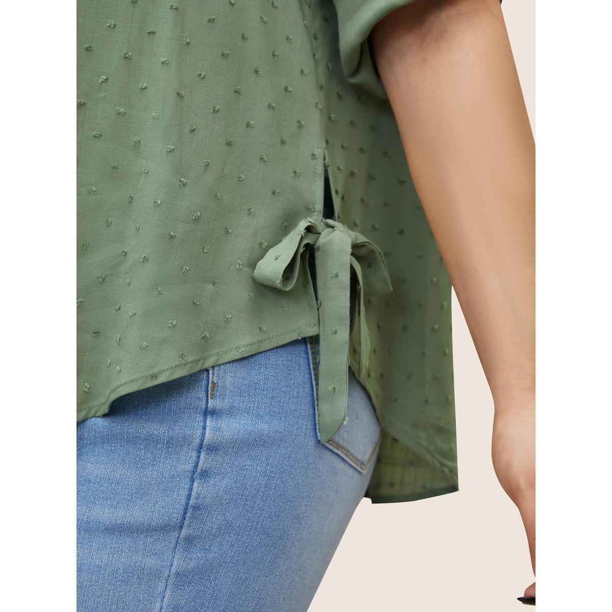 Plus Size Mint Solid Textured Ties Tab Sleeve Blouse Women At the Office Elbow-length sleeve Shirt collar Work Blouses BloomChic 10/M Product Image