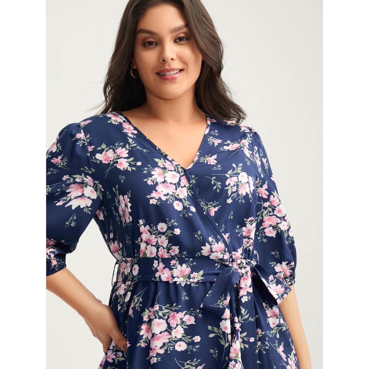Plus Size Floral Print Belted Wrap Hem Midi Dress Skyblue Women Overlap Collar Elbow-length sleeve Curvy BloomChic 22-24/3X Product Image