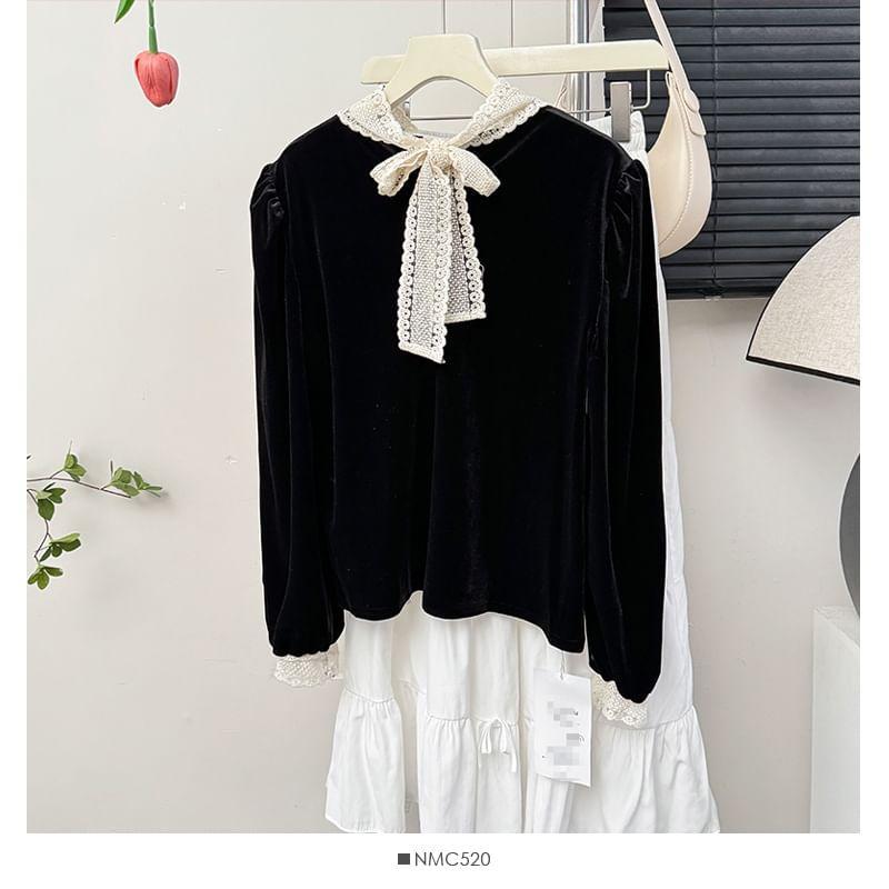 Lace-Trim Loose Velvet Blouse Product Image