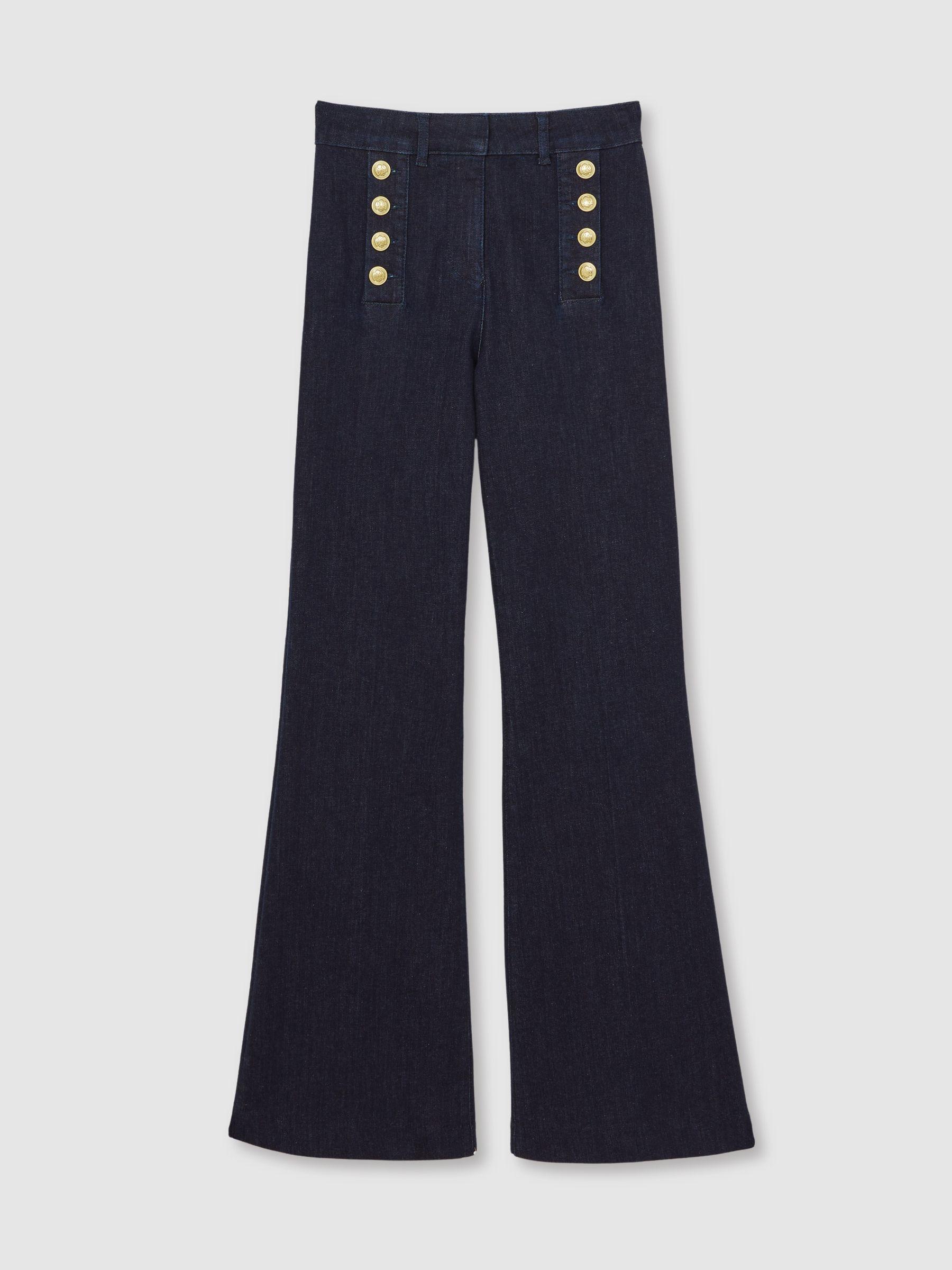 Button-Detail High-Rise Flared Jeans in Dark Blue Product Image