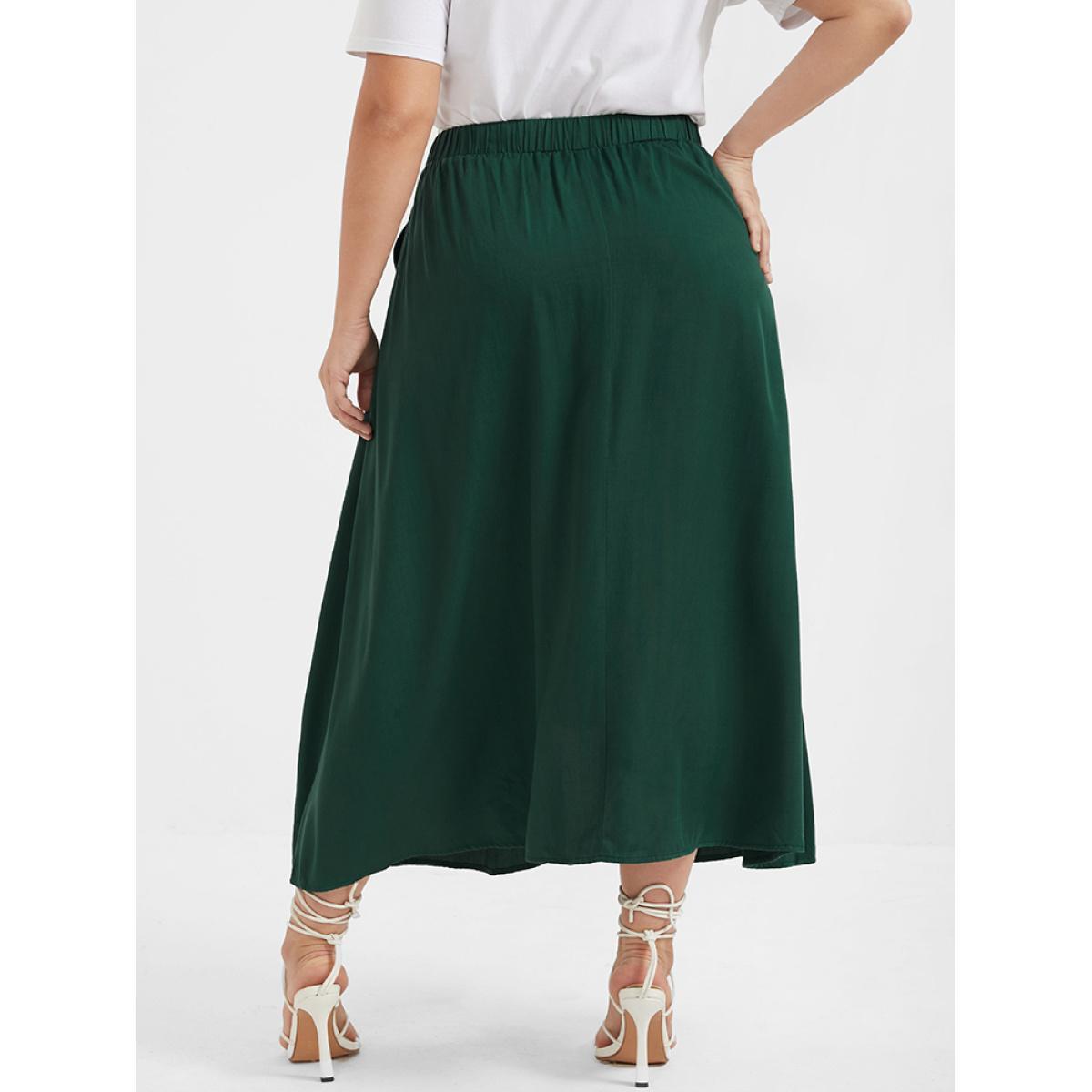 Plus Size Solid Button Ruffled Asymmetrical Hem Pocket Skirt Women ArmyGreen Casual Button No stretch Pocket Dailywear Skirts BloomChic 28/5X Product Image