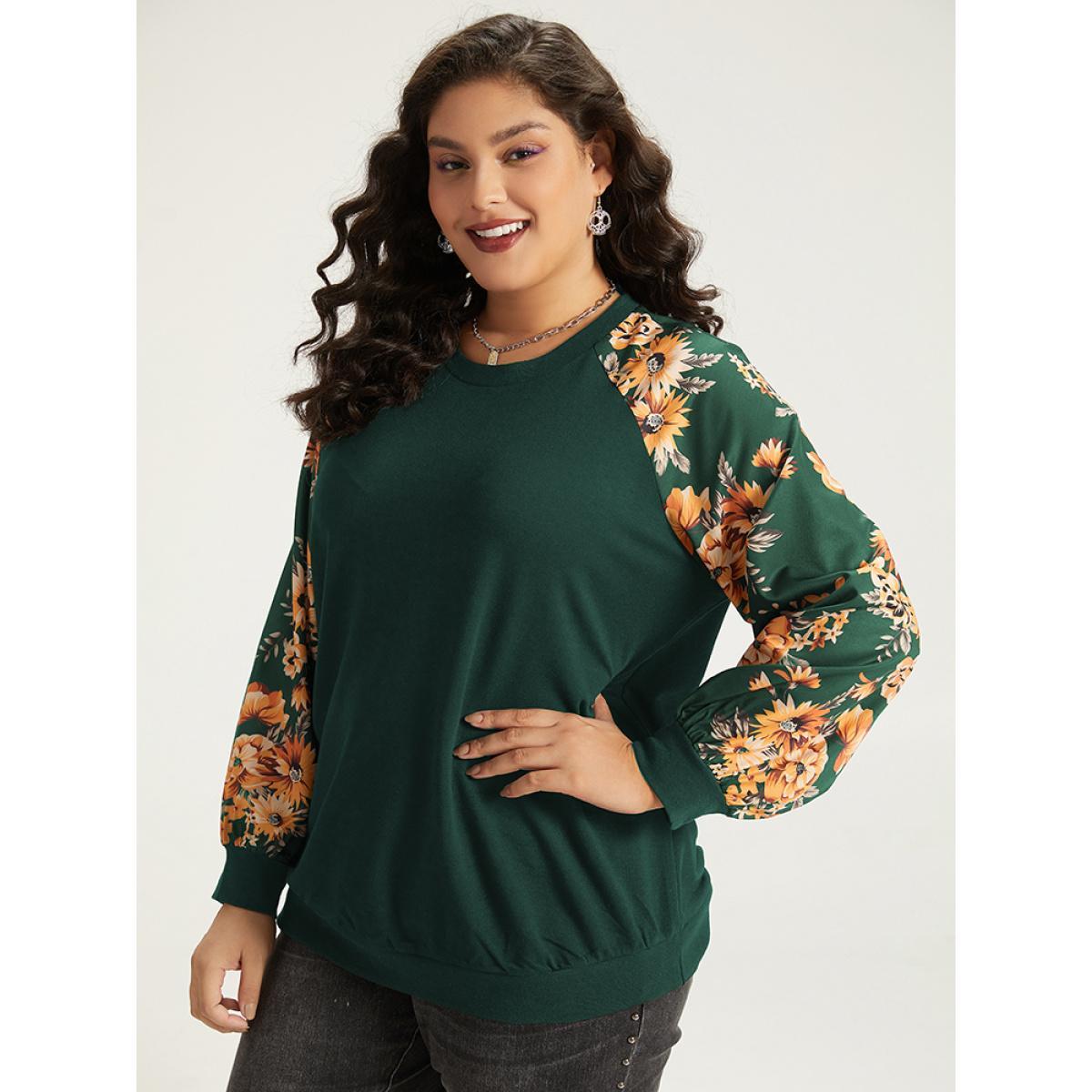 Plus Size Halloween Floral Patchwork Print Raglan Sleeve Sweatshirt Women DarkGreen Casual Elastic cuffs Round Neck Festival-Halloween Sweatshirts BloomChic 12/L Product Image