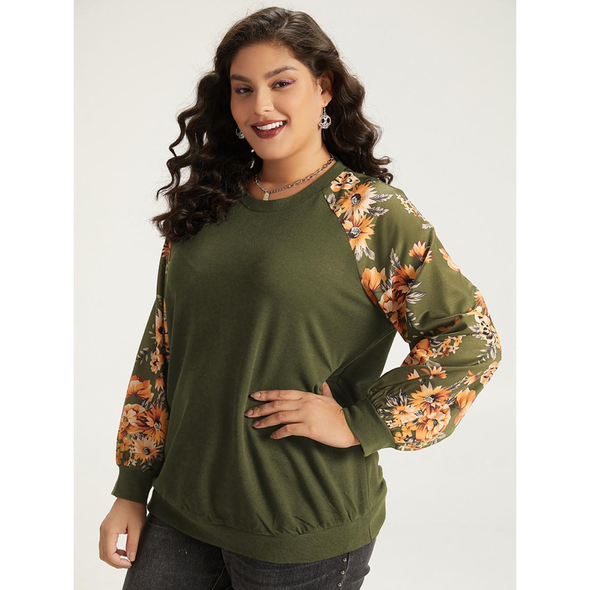 Plus Size Halloween Floral Patchwork Print Raglan Sleeve Sweatshirt Women ArmyGreen Casual Elastic cuffs Round Neck Festival-Halloween Sweatshirts BloomChic 10/M Product Image