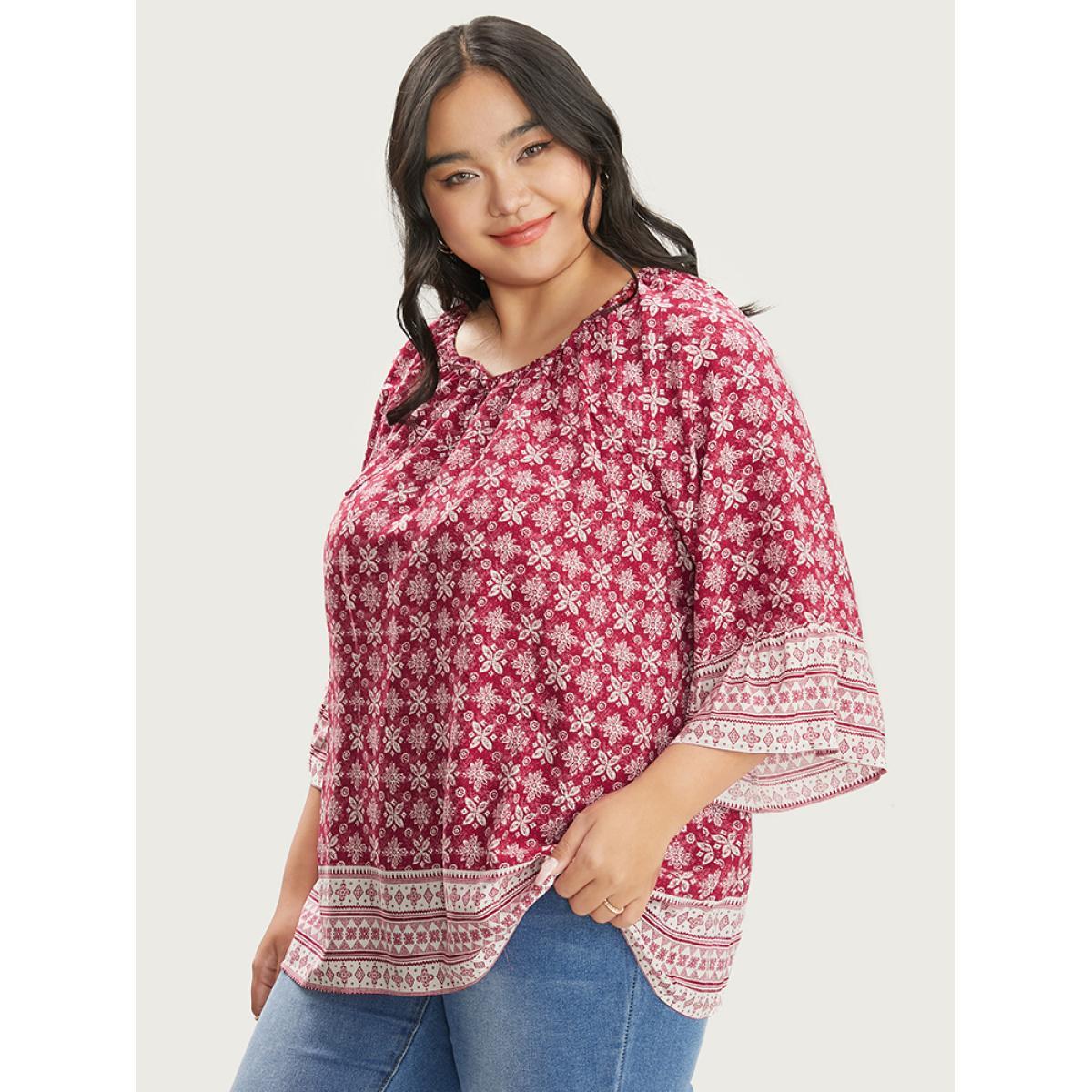 Plus Size Crimson Floral Print Bell Sleeve Knotted Round Neck Blouse Women Vacation Elbow-length sleeve Round Neck Dailywear Blouses BloomChic 26/4X Product Image