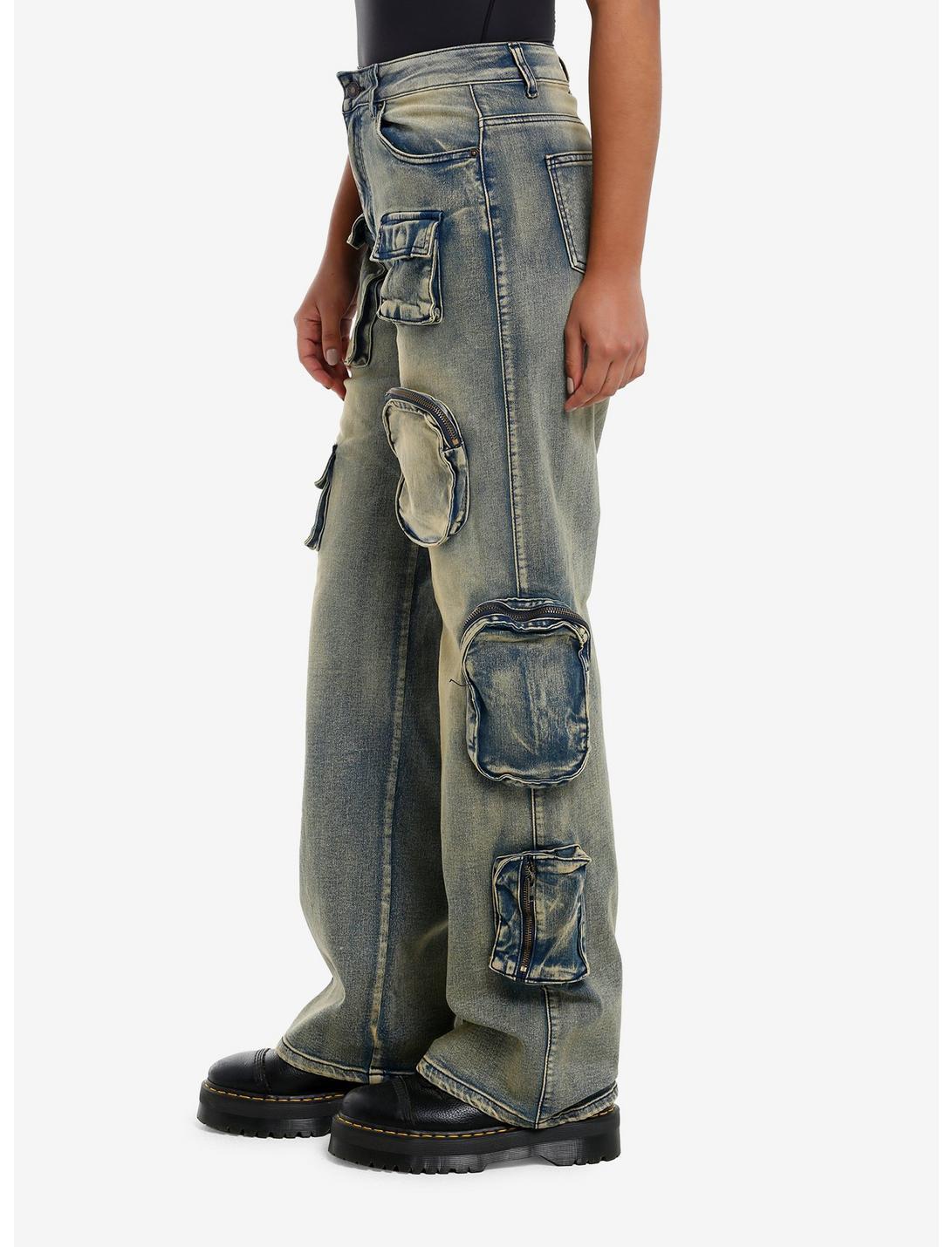 Vintage Wash Cargo Pocket Wide Leg Denim Pants Product Image