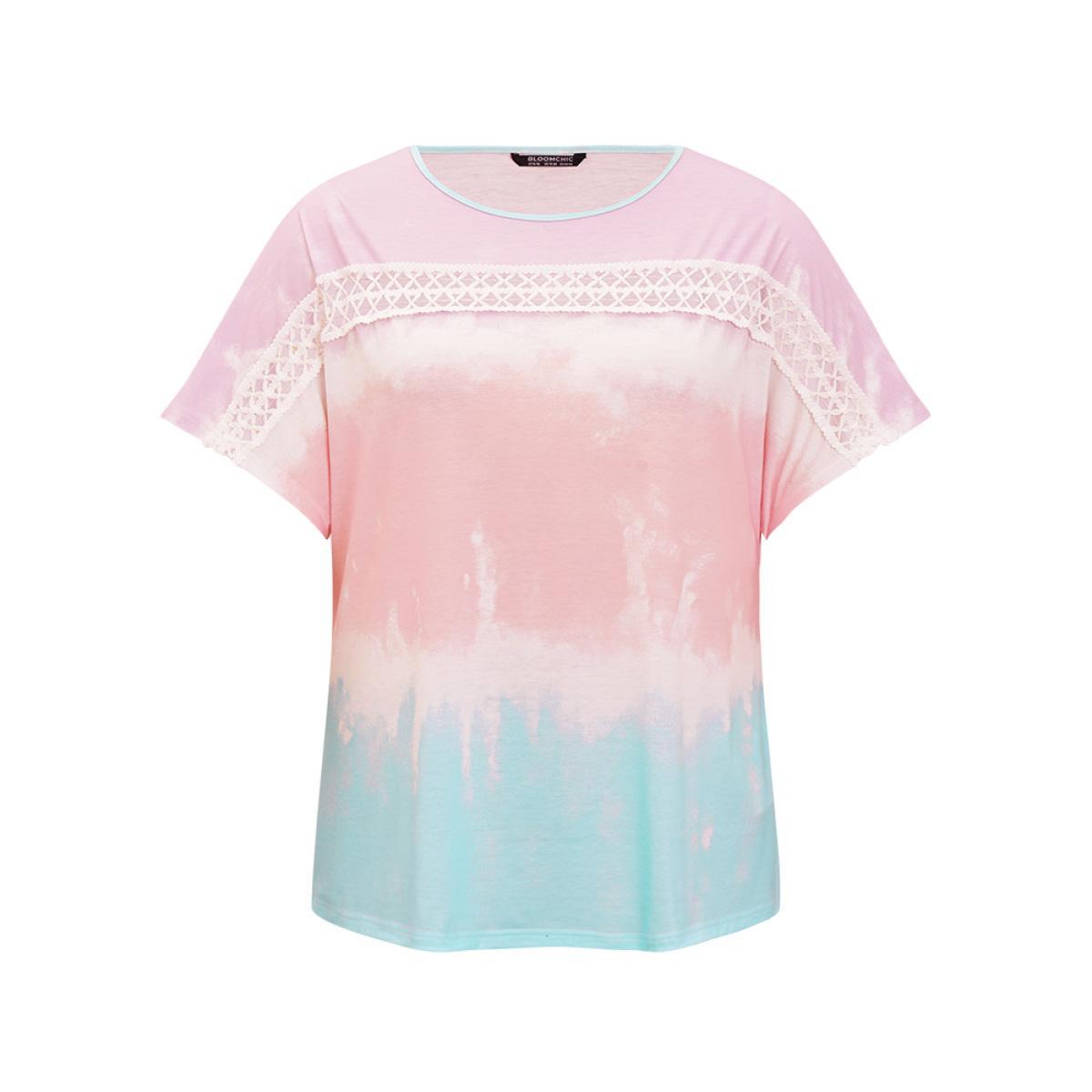 Plus Size Tie Dye Dolman Sleeve Lace T-shirt Multicolor Women Elegant Patchwork Tie Dye Round Neck Dailywear T-shirts BloomChic 30/6X Product Image