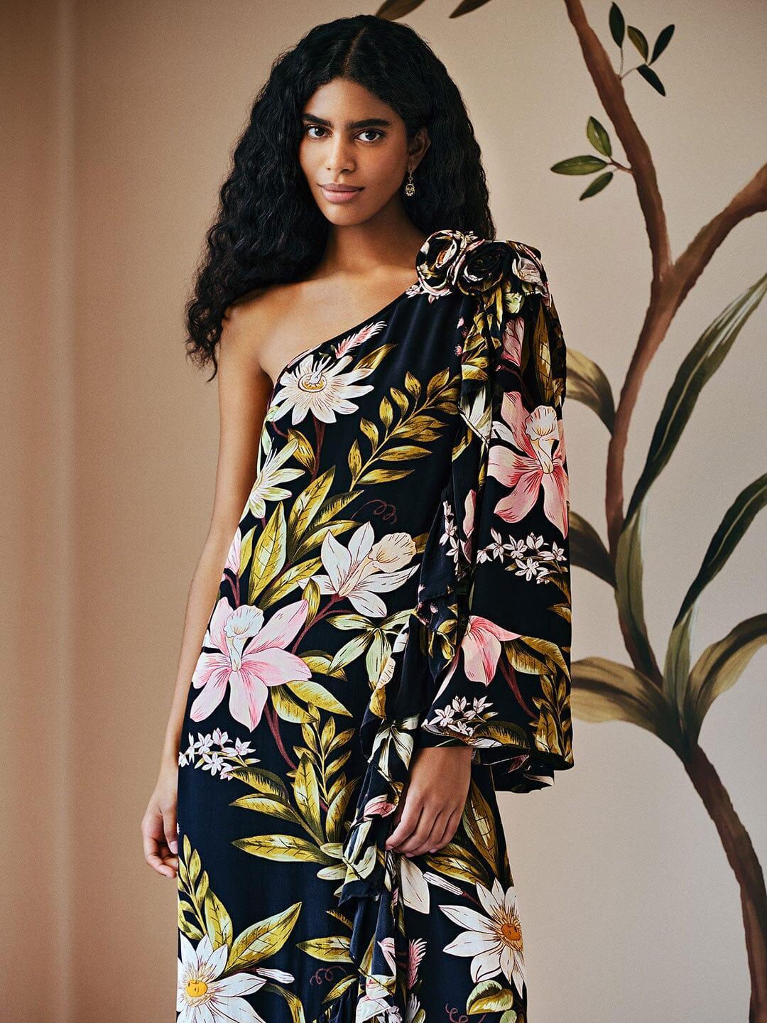 Black Surreal Flowers One-Shoulder Maxi Dress, SURREAL FLOWERS BLACK / XXS Product Image
