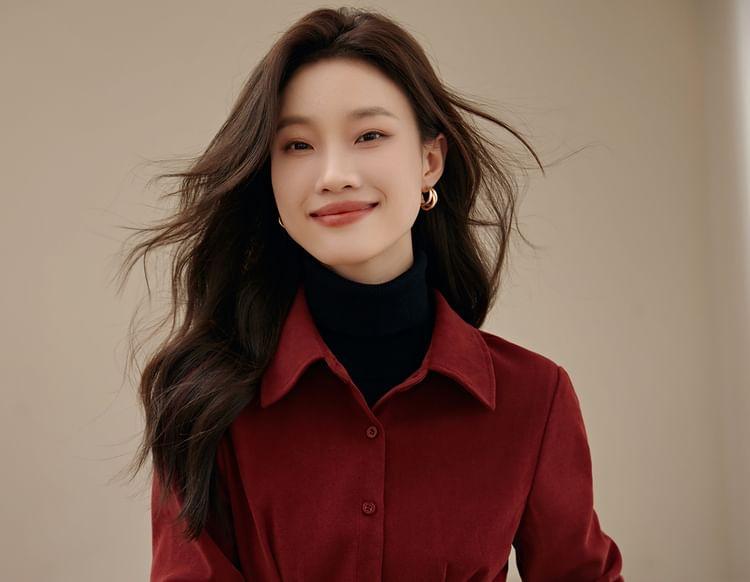 Long-Sleeve Plain Belted Corduroy Shirt Product Image