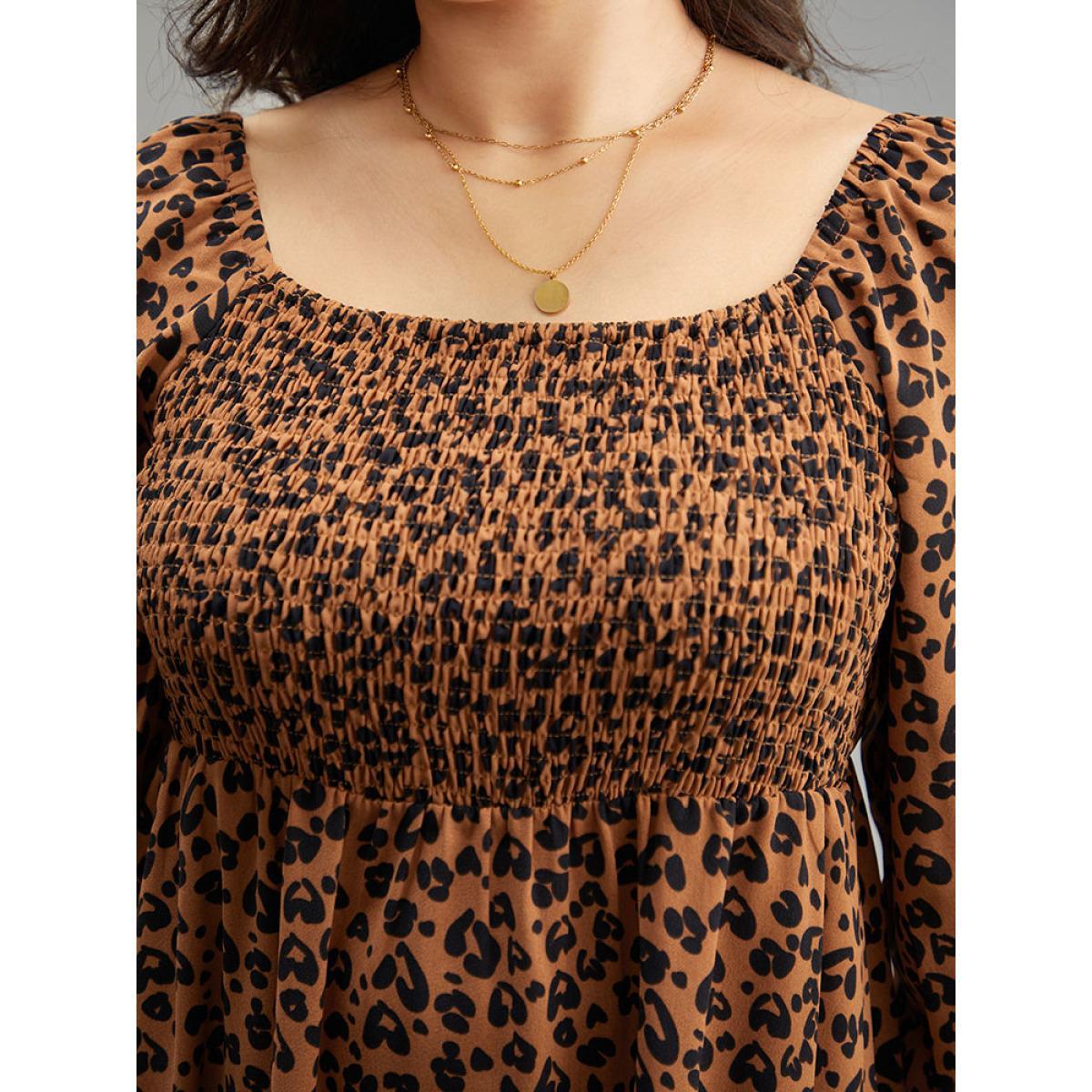 Plus Size Leopard Print Shirred Square Neck Pocket Dress Rust Women Casual Printed Square Neck Long Sleeve Curvy Midi Dress BloomChic 26/4X Product Image