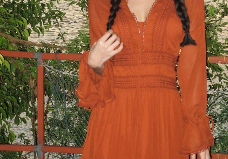 Long-Sleeve V-Neck Plain Lace Trim Maxi A-Line Dress Product Image