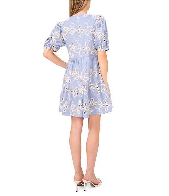 CeCe Woven V-Neck Short Puff Sleeve Floral Embroidered Tiered A-Line Dress Product Image